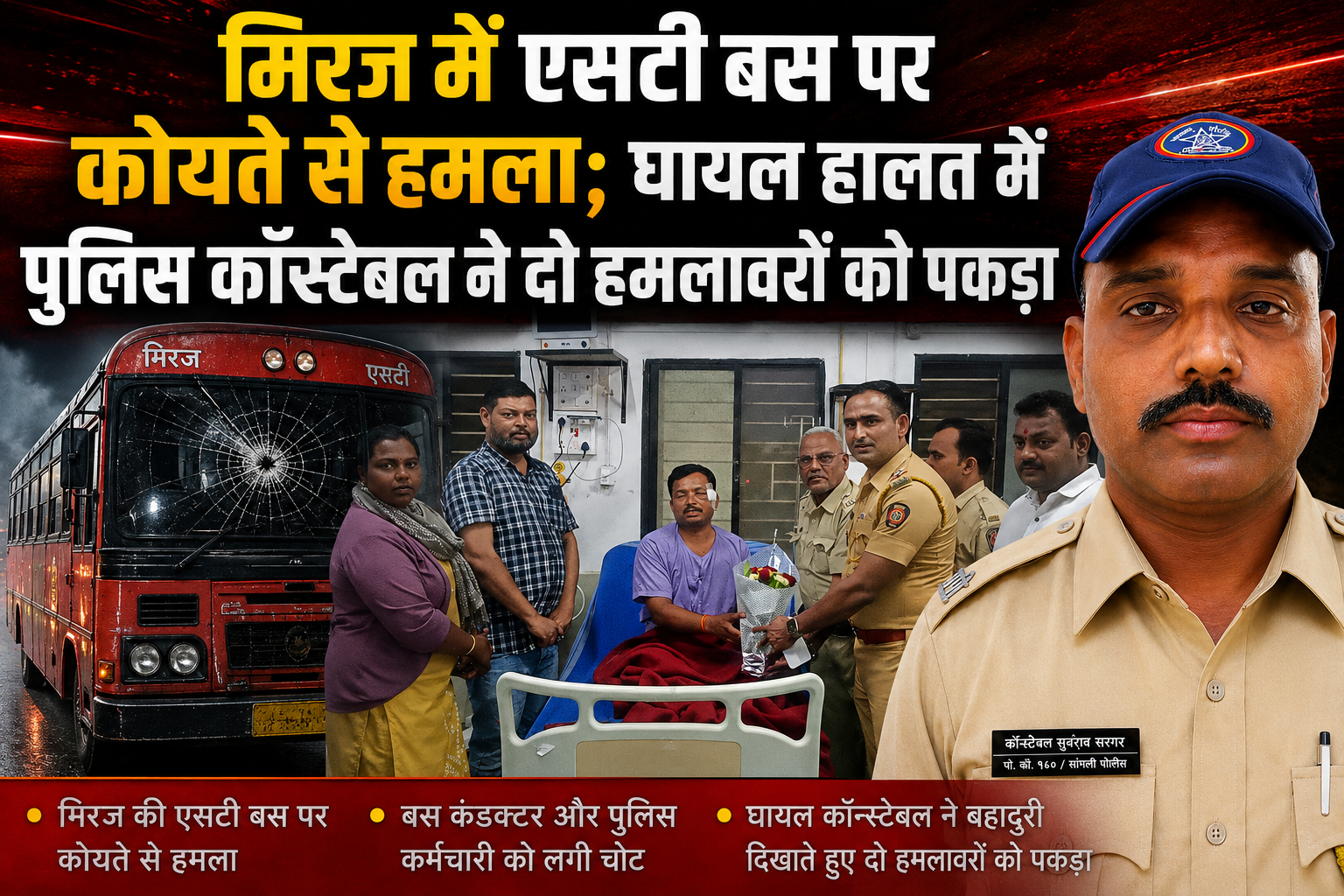 मिरज में एसटी बस रोककर कोयते से हमला, घायल कांस्टेबल ने दो हमलावरों को दबोचा