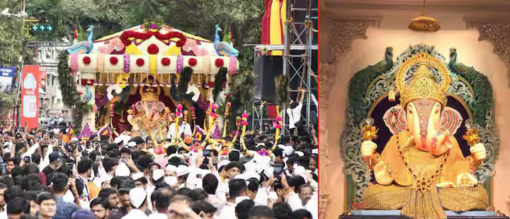 पुणे के 'दगडूशेठ' बाप्पा का मयूर रथ से भव्य आगमन